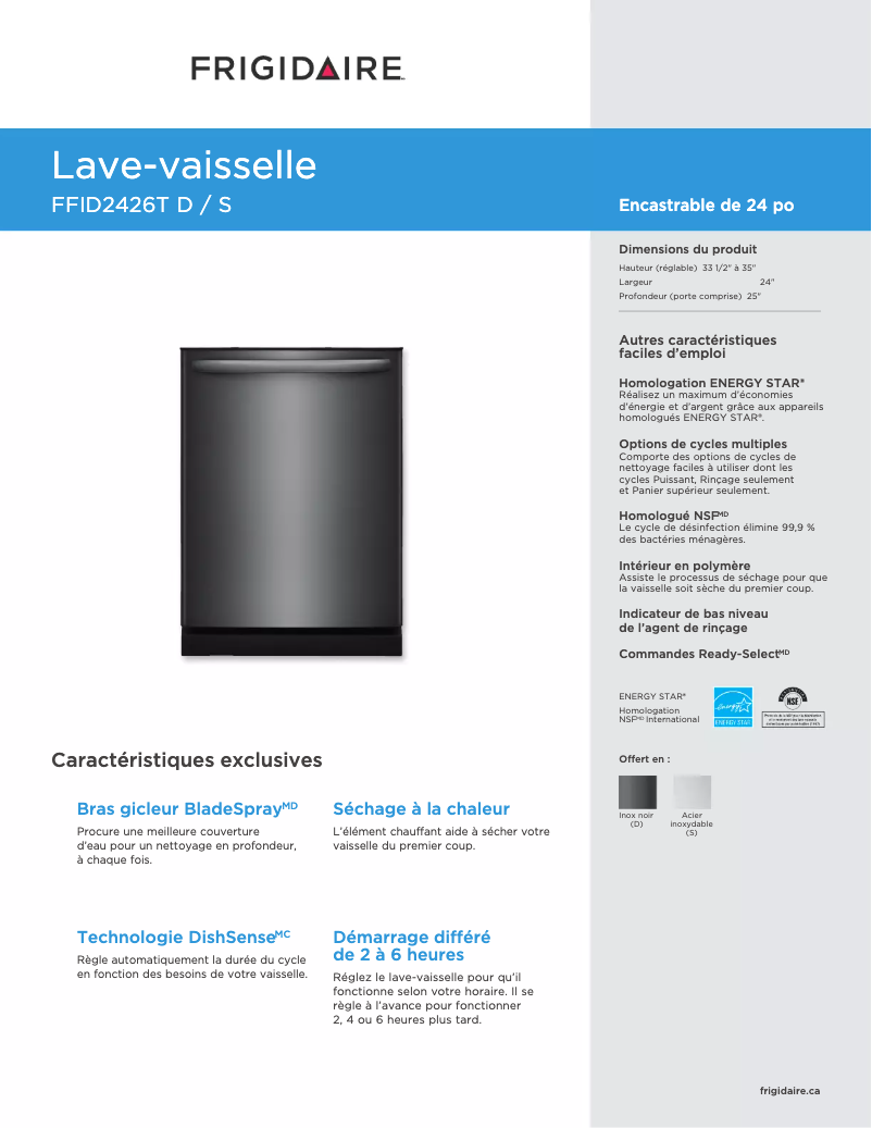 Página 1 del manual Ficha técnica Frigidaire FFID2426TW