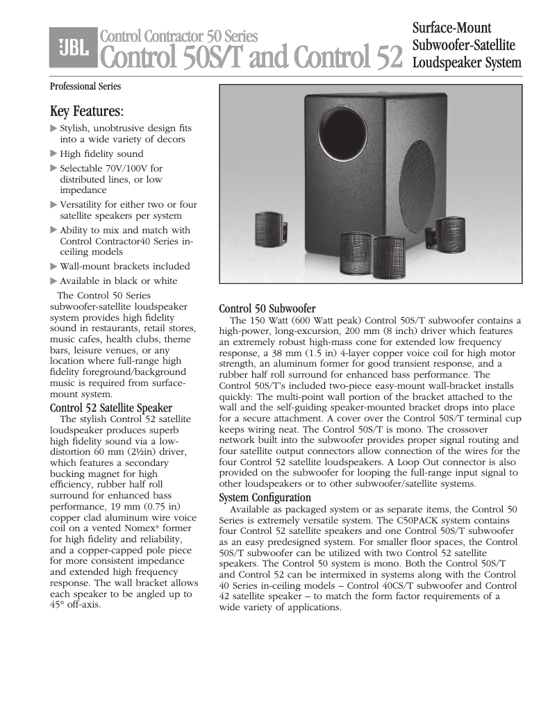 Page 1 de la notice Fiche technique JBL Control 50S/T