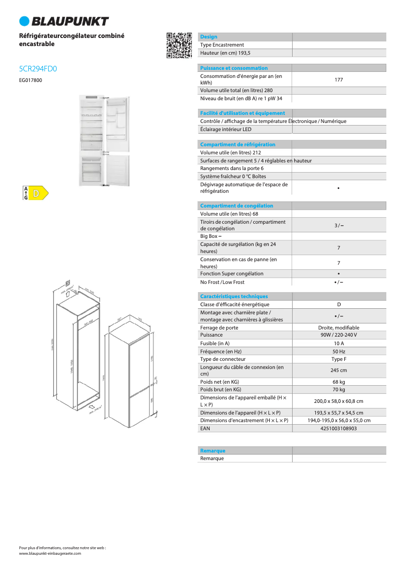 Page n°1 - Fiche technique Blaupunkt 5CR294FD0
