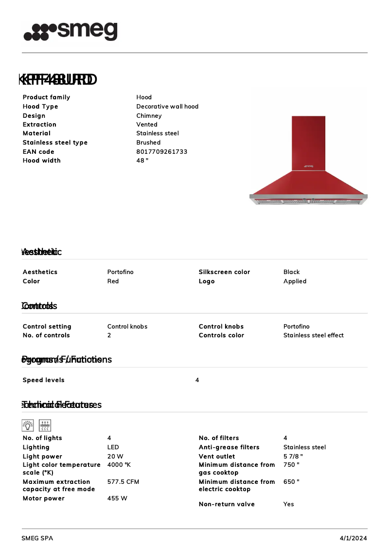 Page n°1 - Fiche technique Smeg KPF48URD