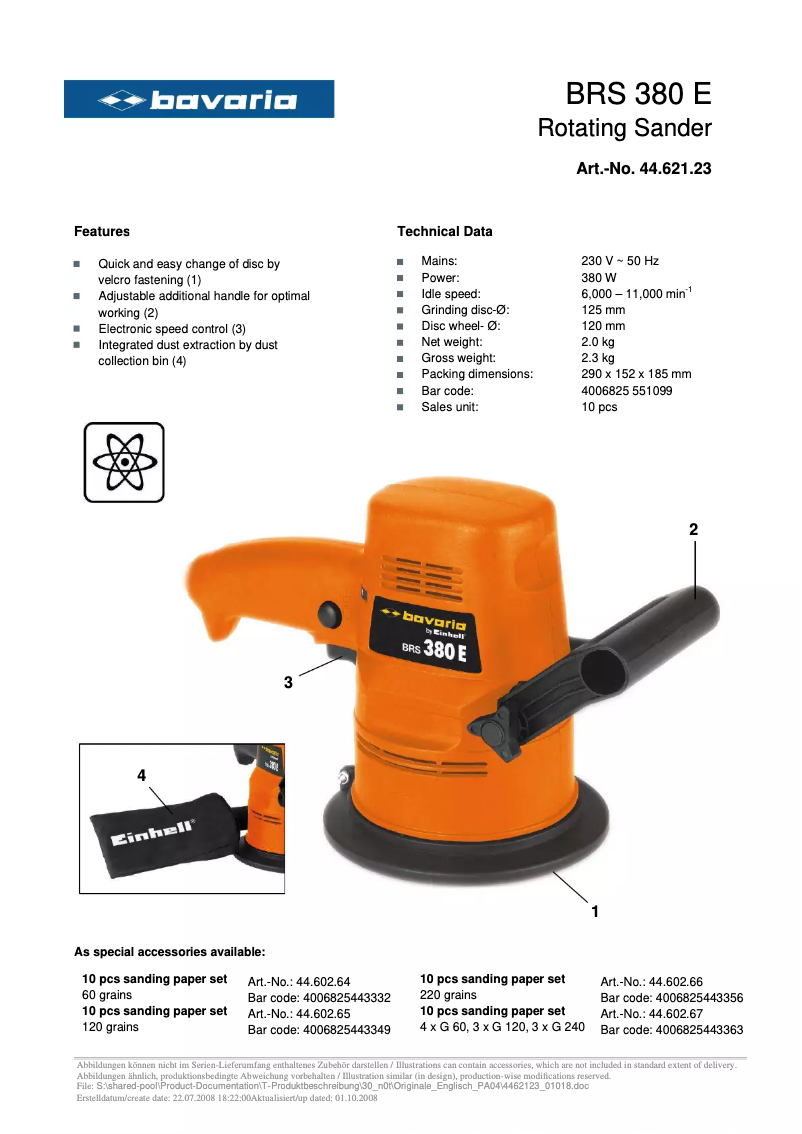 Page 1 de la notice Manuel utilisateur Bavaria by Einhell BRS 380 E