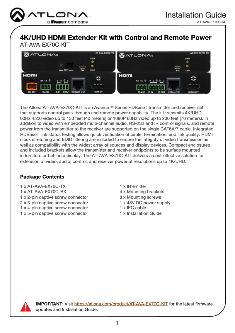 Page n°1 - Guide d'installation Atlona AT-AVA-EX70C-KIT