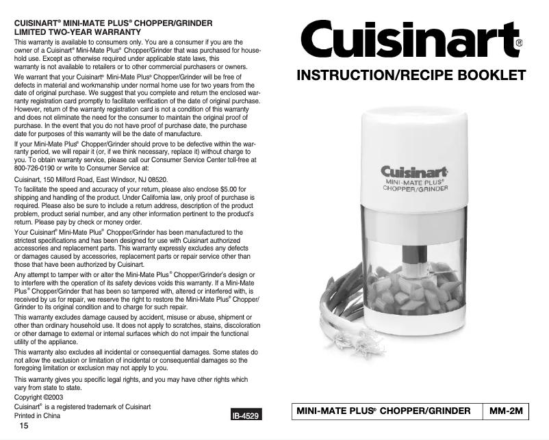 Page 1 de la notice Manuel utilisateur Cuisinart Mini Mate Plus MM-2M