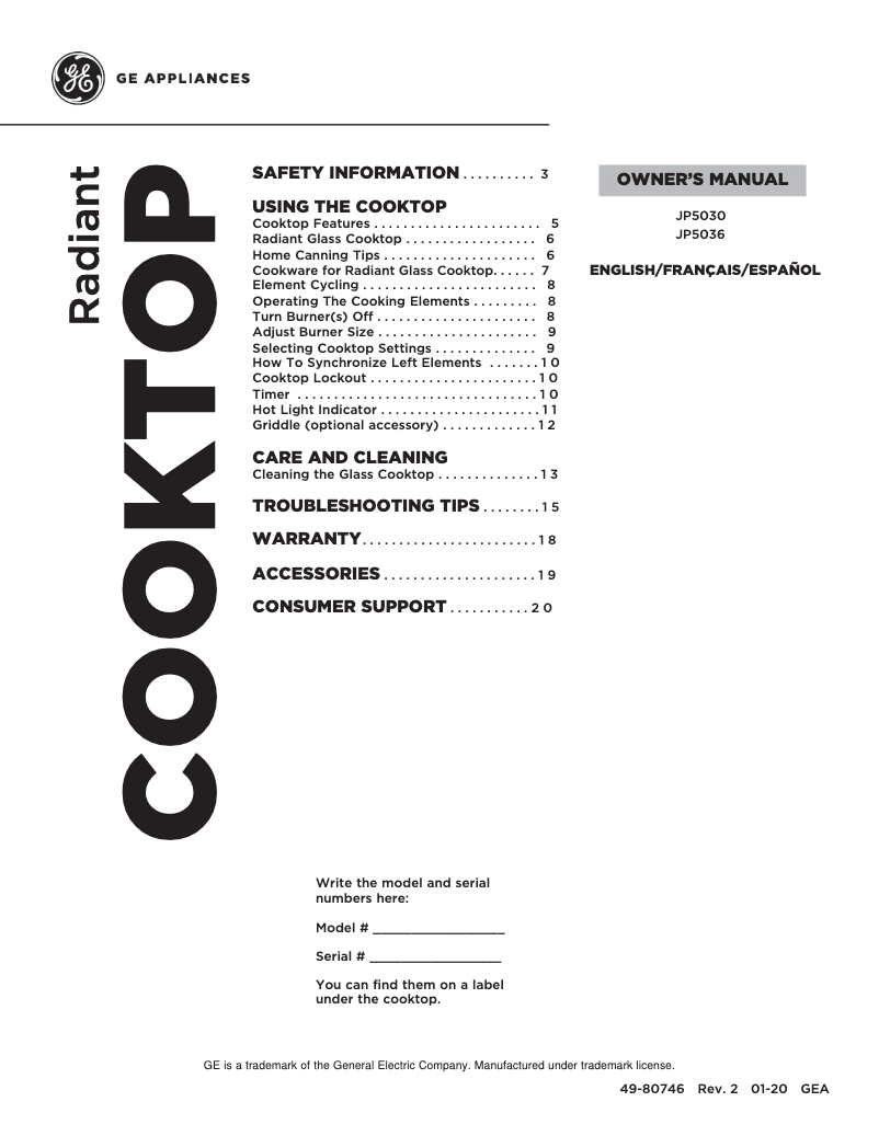 Page 1 of the manual Use and Maintenance Manual GE JP5036SJSS