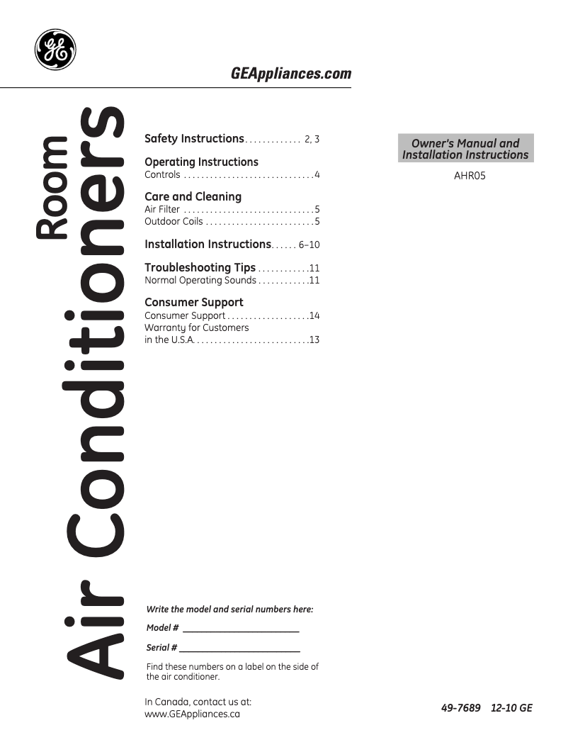 Page n°1 - Guide d'installation GE AHR05LP
