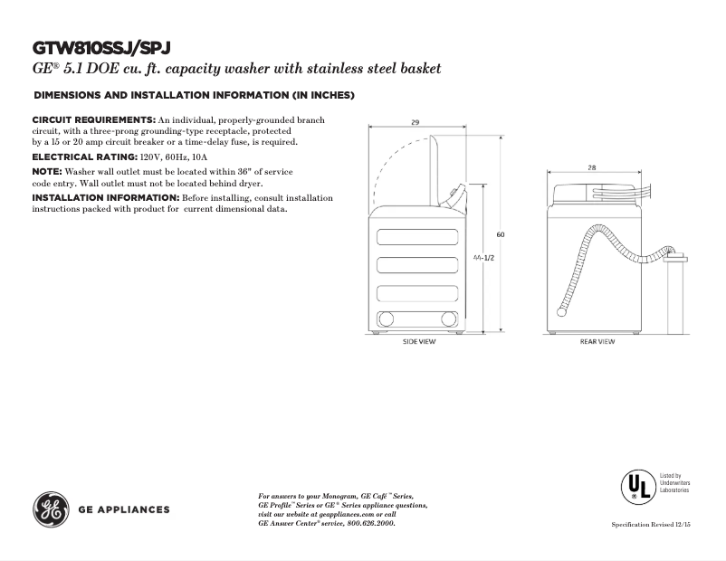 Page 1 de la notice Fiche technique GE GTW810SPJMC
