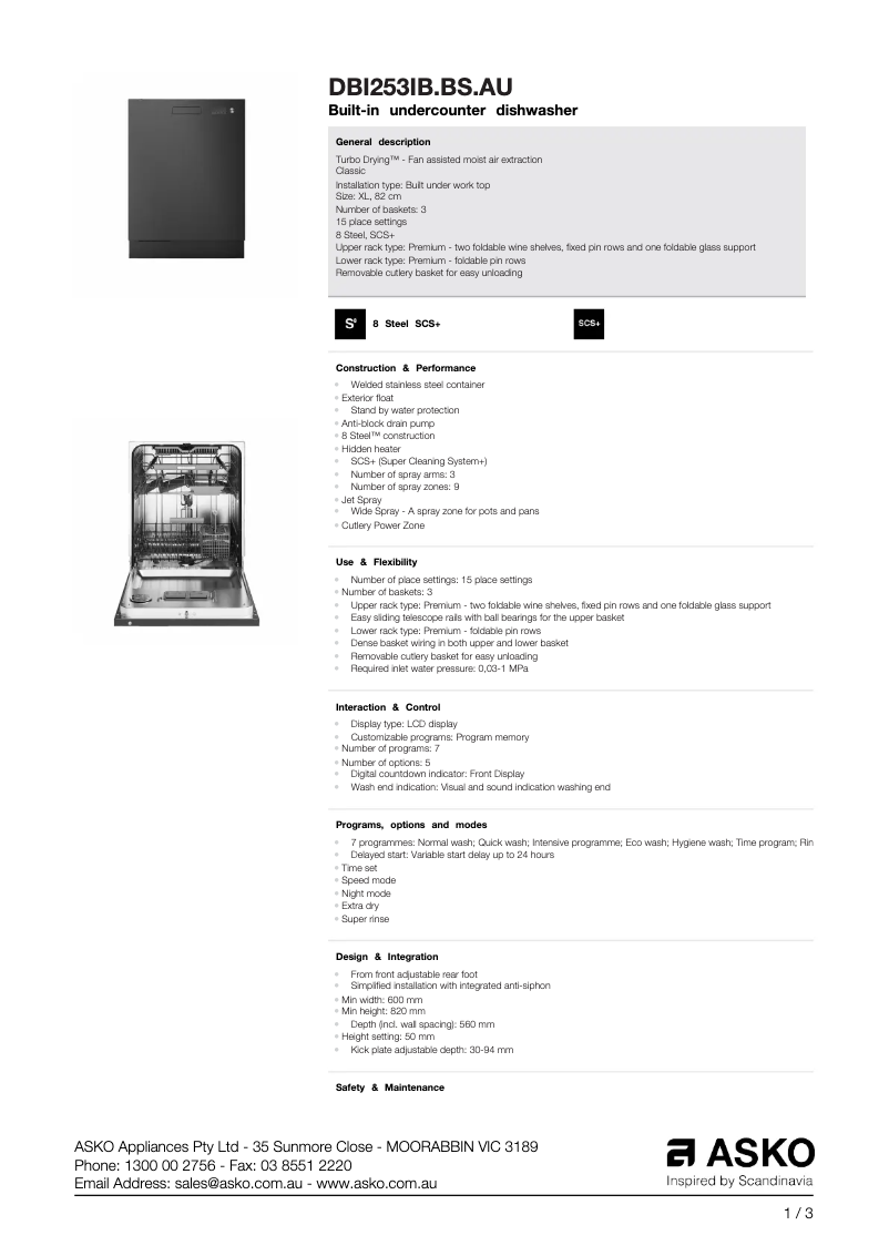 Page 1 de la notice Fiche technique Asko DBI253IB.BS.AU