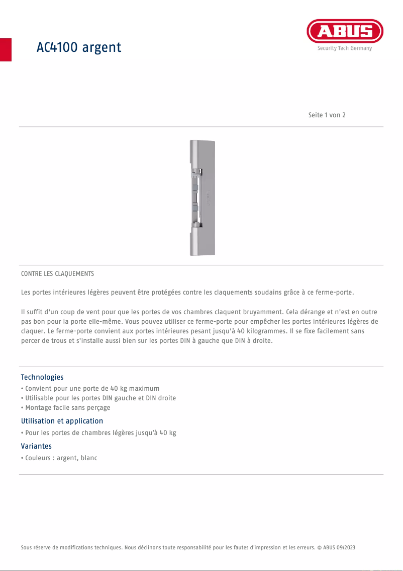 Page 1 de la notice Fiche technique Abus AC4100