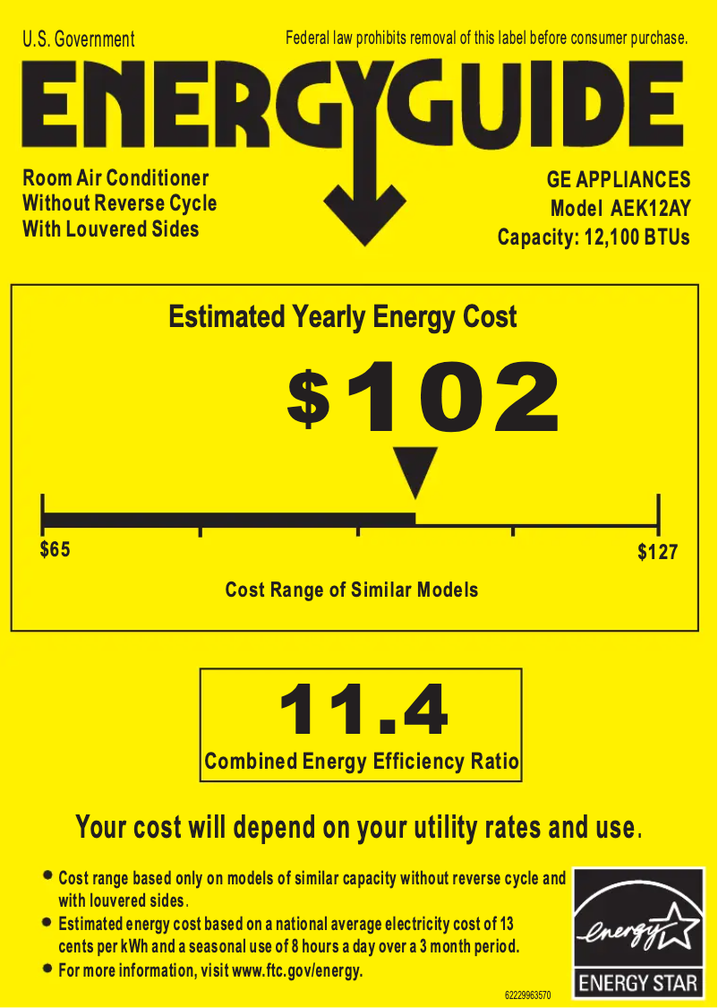 Page 1 de la notice Label énergétique GE AEK12AY