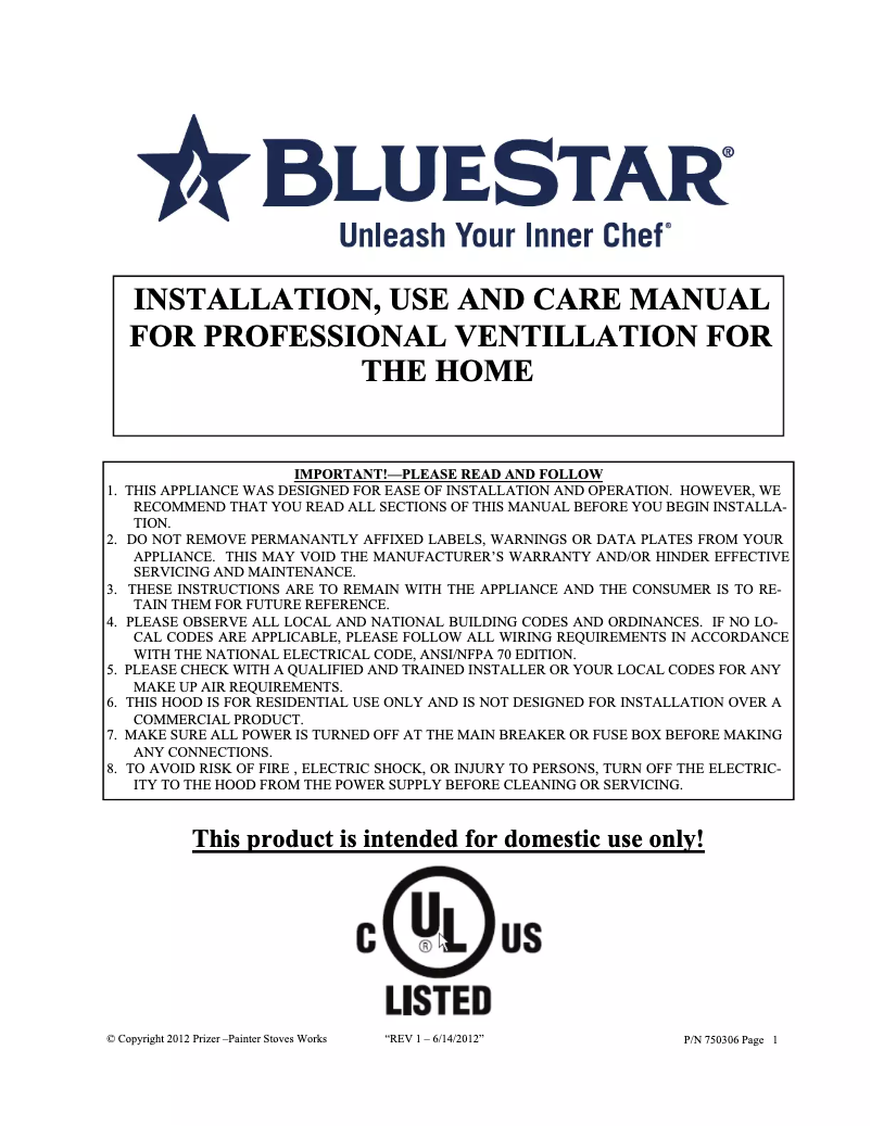 Page n°1 - Guide d'installation BlueStar LR030LP