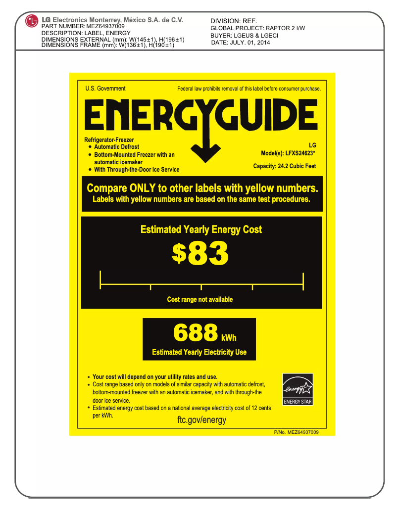 Page 1 de la notice Label énergétique LG LFXS24623