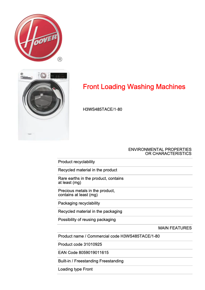 Page 1 de la notice Fiche technique Hoover H-WASH 300 LITE H3WS485TACE/1-80