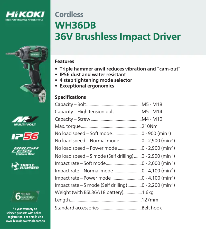 Page 1 de la notice Fiche technique HiKOKI WH 36DB