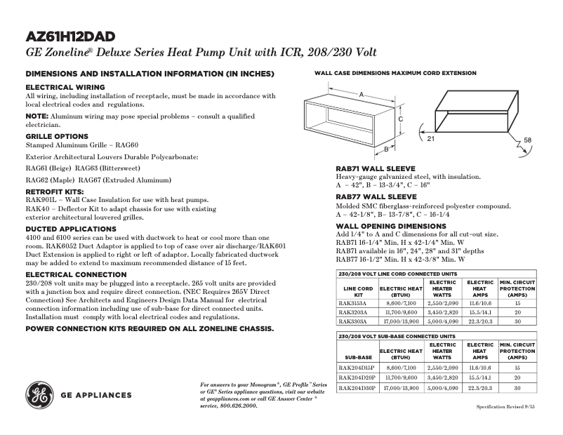 Page n°1 - Fiche technique GE AZ61H12DAD Zoneline