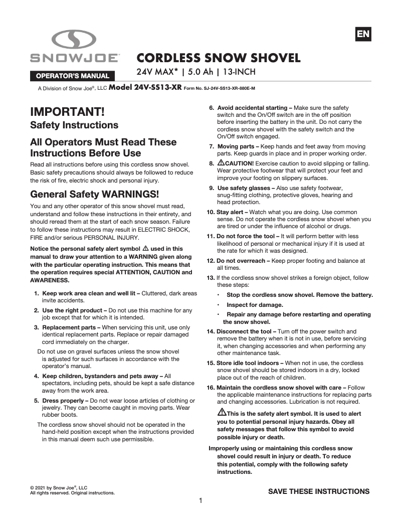 Page 1 de la notice Manuel utilisateur Snow Joe 24V-SS13-XR