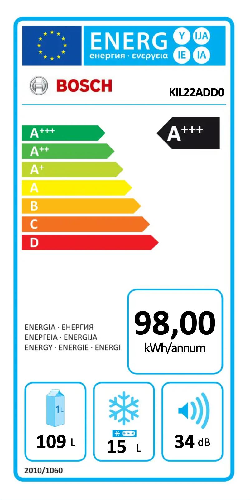 Page 1 de la notice Label énergétique Bosch KIL22ADD0