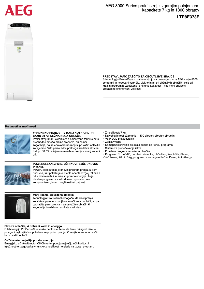 Página 1 del manual Ficha técnica AEG LTR8E373E