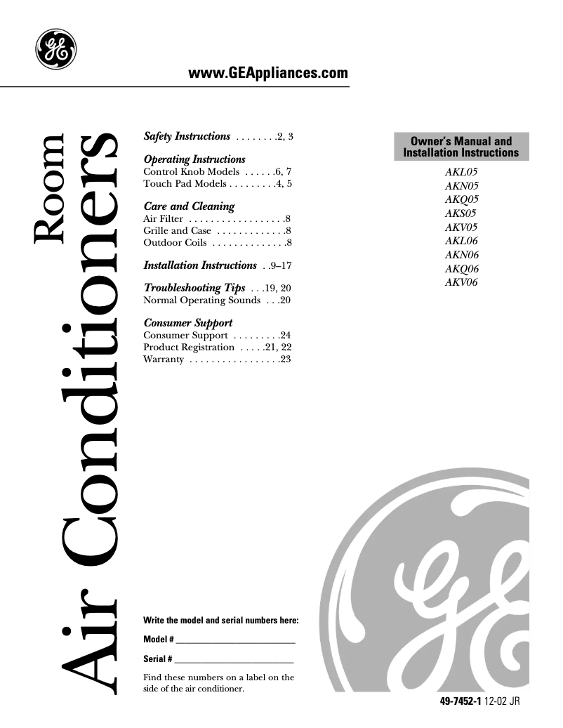 Page 1 de la notice Manuel d'utilisation et d'entretien GE AKN06LA