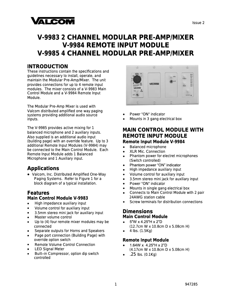 Page n°1 - Manuel utilisateur Valcom V-9985
