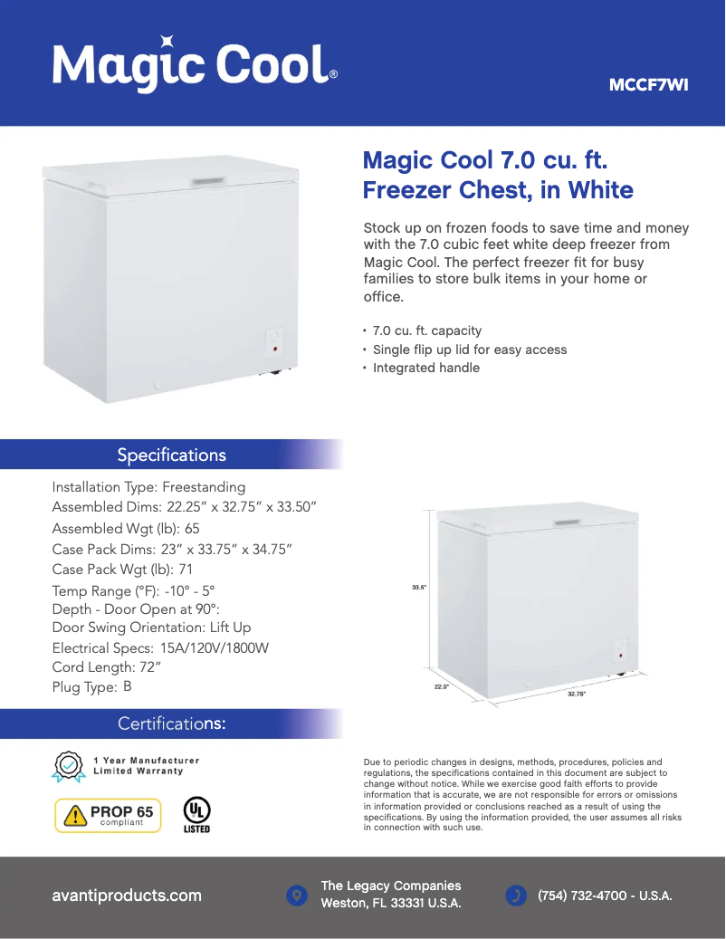 Page 1 de la notice Fiche technique Magic Cool MCCF7WI