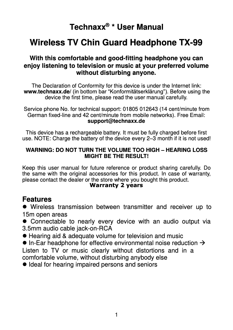 Page n°1 - Manuel utilisateur Technaxx TX-99