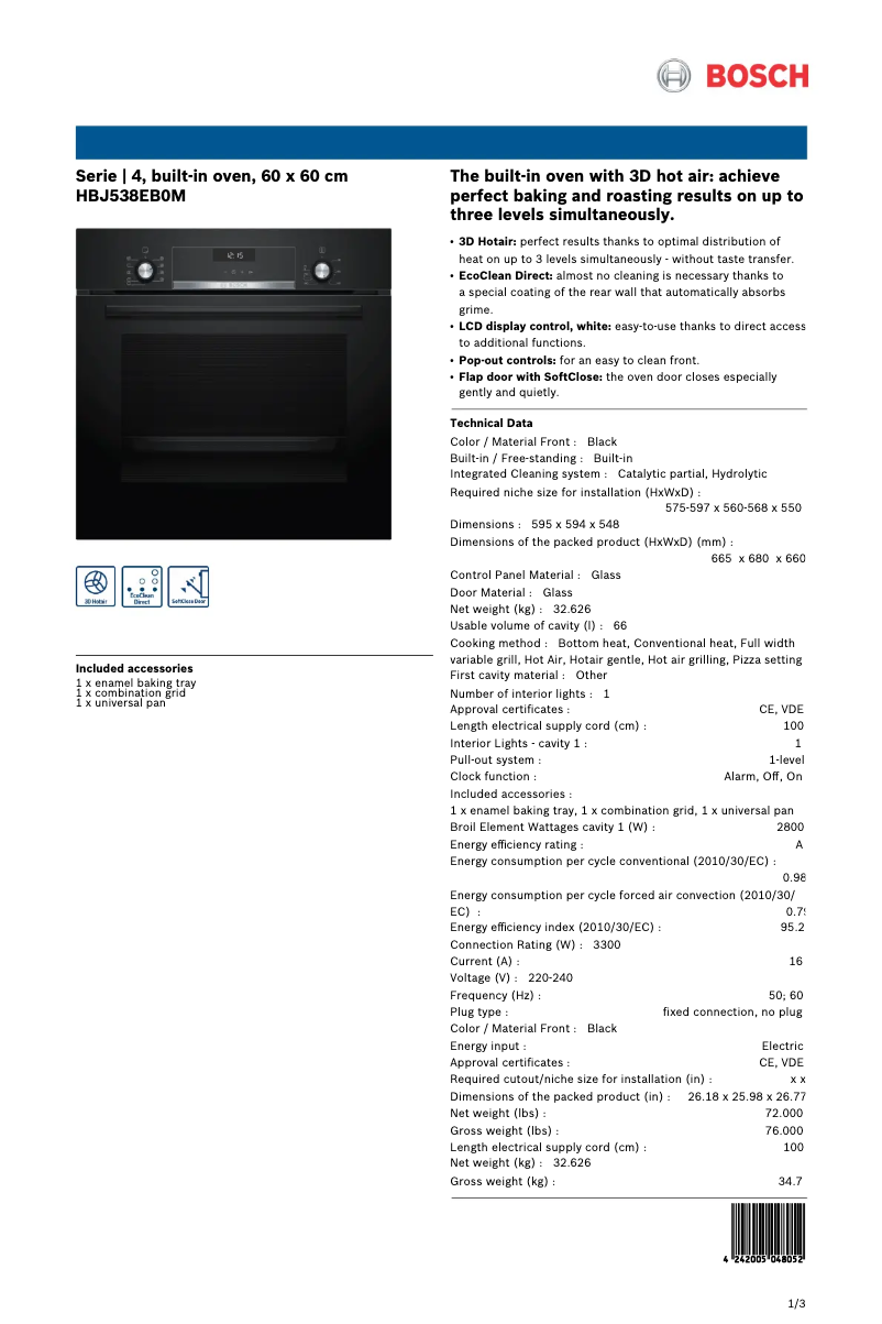 Página 1 del manual Ficha técnica Bosch HBJ538EB0M