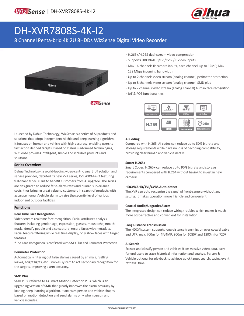 Page 1 de la notice Fiche technique Dahua Technology XVR7808S-4K-I2
