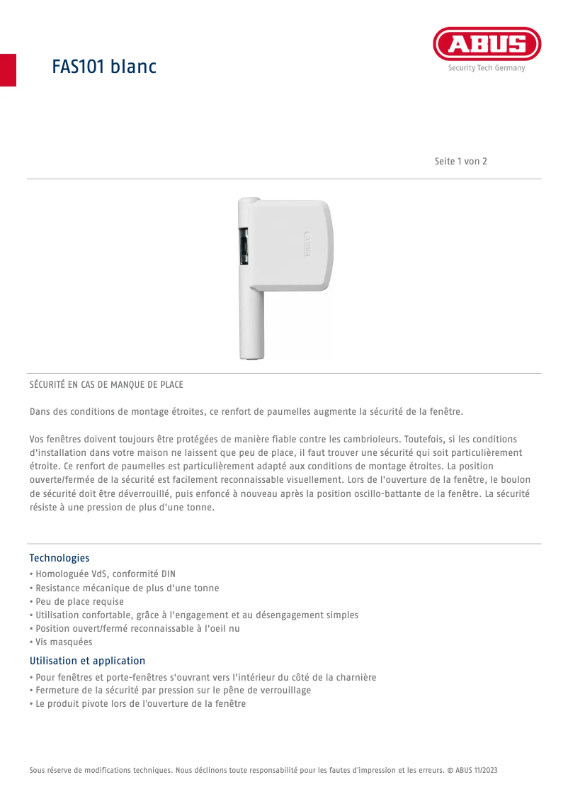 Page 1 de la notice Fiche technique Abus FAS101