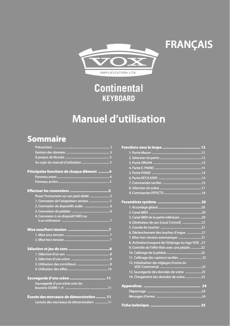 Image de la première page du manuel de l'appareil VOX Continental