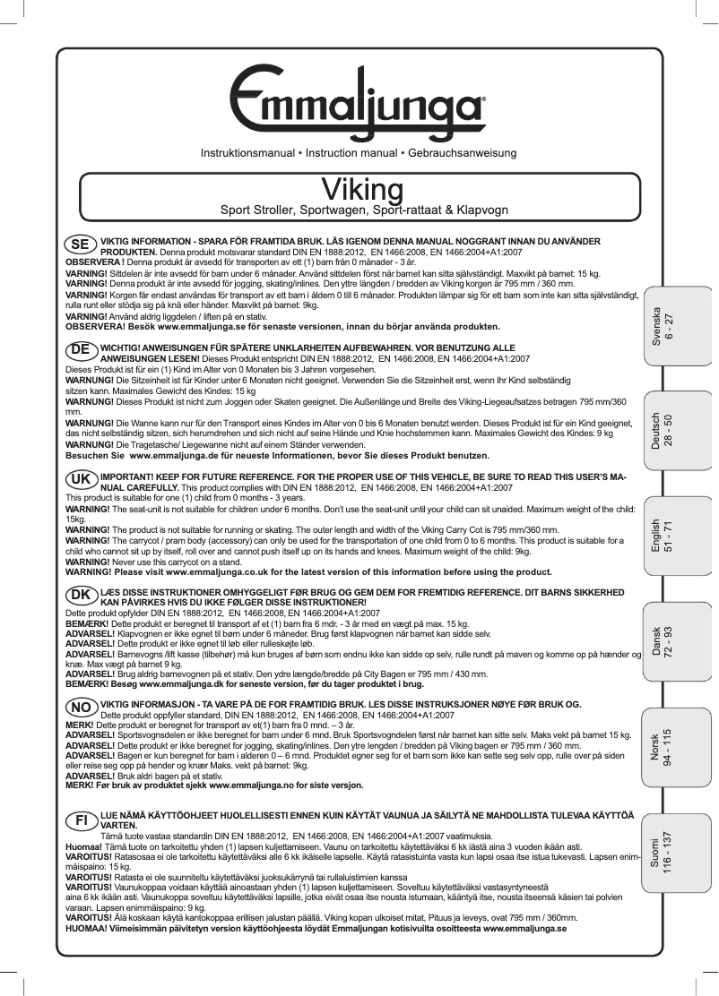 Page 1 de la notice Manuel utilisateur Emmaljunga Viking