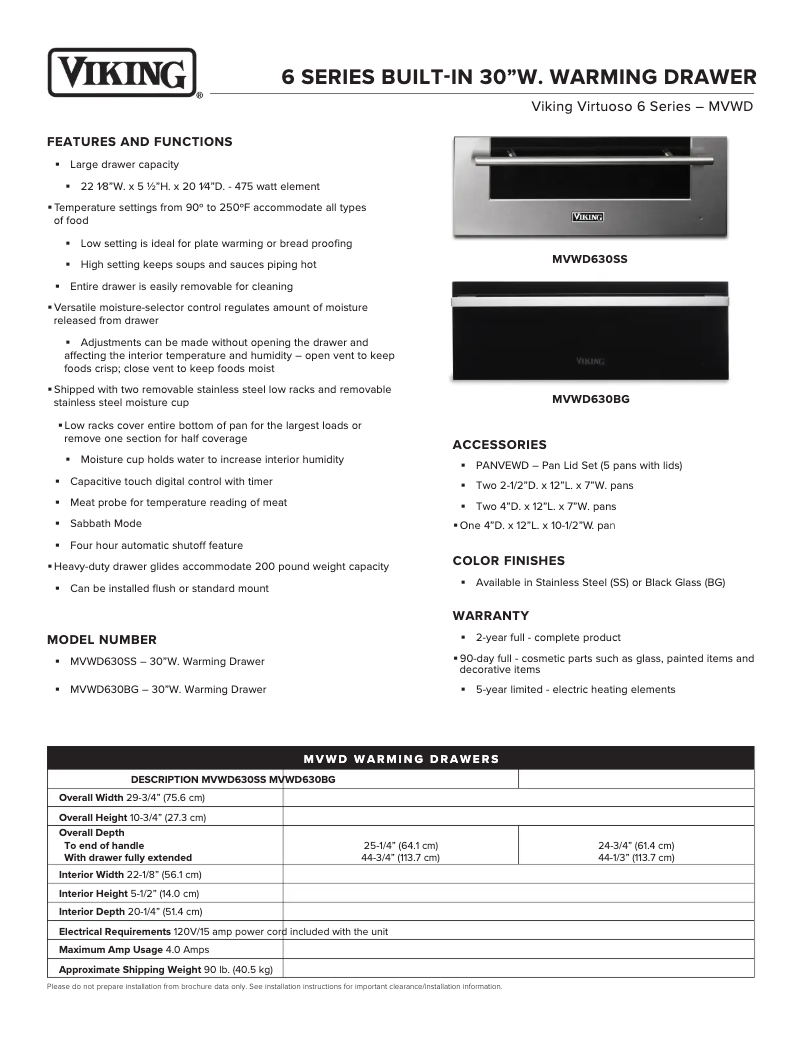 Page 1 de la notice Fiche technique Viking MVWD630BG