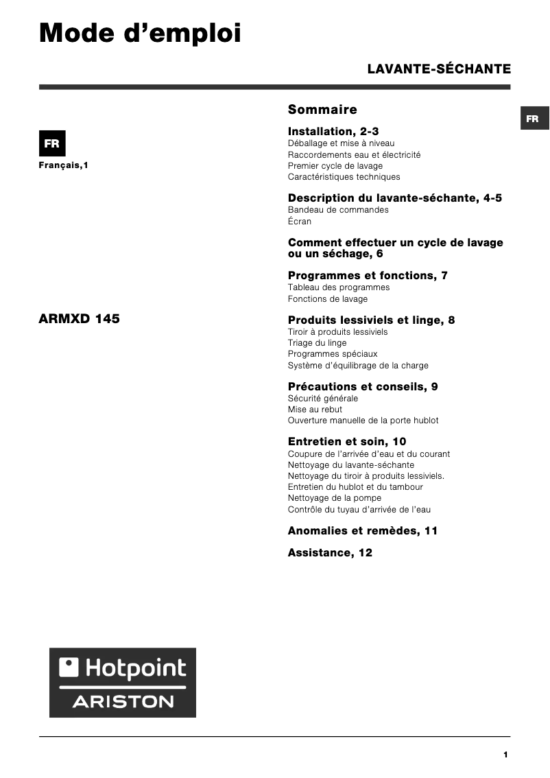 Page n°1 - Manuel utilisateur Hotpoint Ariston ARMXD 145