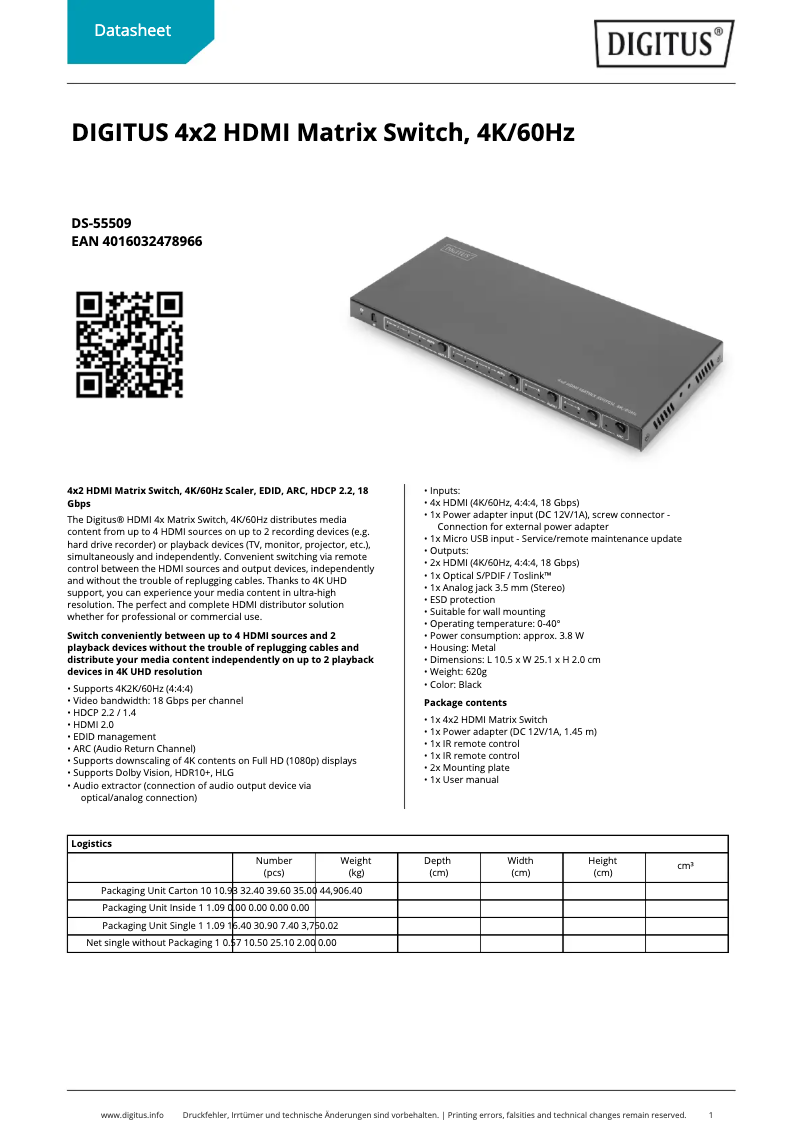 Page 1 de la notice Fiche technique Digitus DS-55509