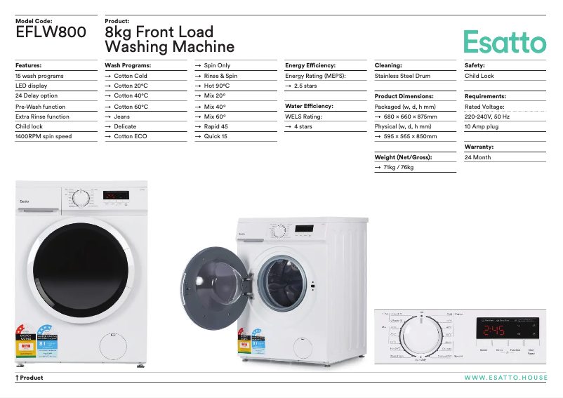 Page 1 de la notice Fiche technique Esatto EFLW800