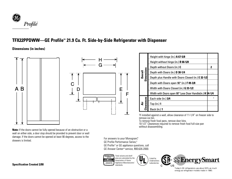 Page 1 de la notice Fiche technique GE Profile Performance TFX22PPDWW