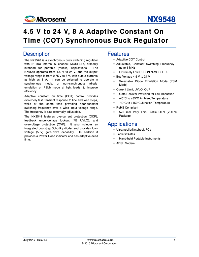 Page 1 de la notice Fiche technique Microchip NX9548