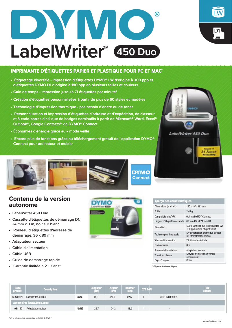 Page 1 de la notice Manuel utilisateur Dymo LabelWriter 450 Duo