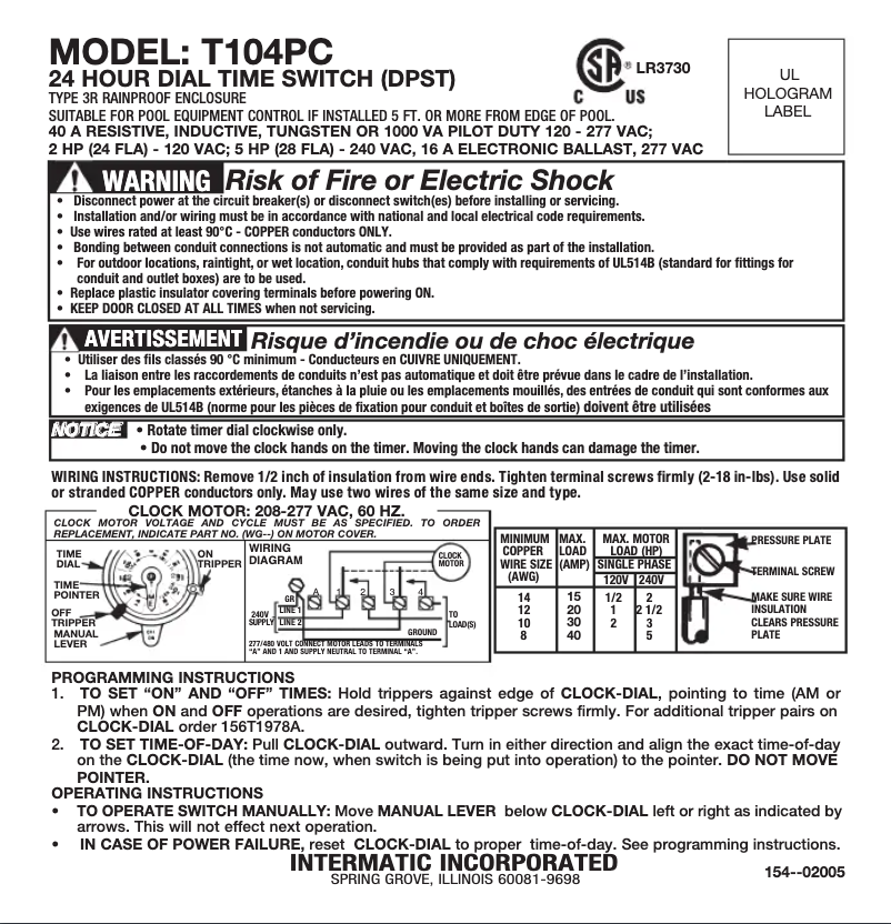 Page 1 de la notice Manuel utilisateur Intermatic T104PC