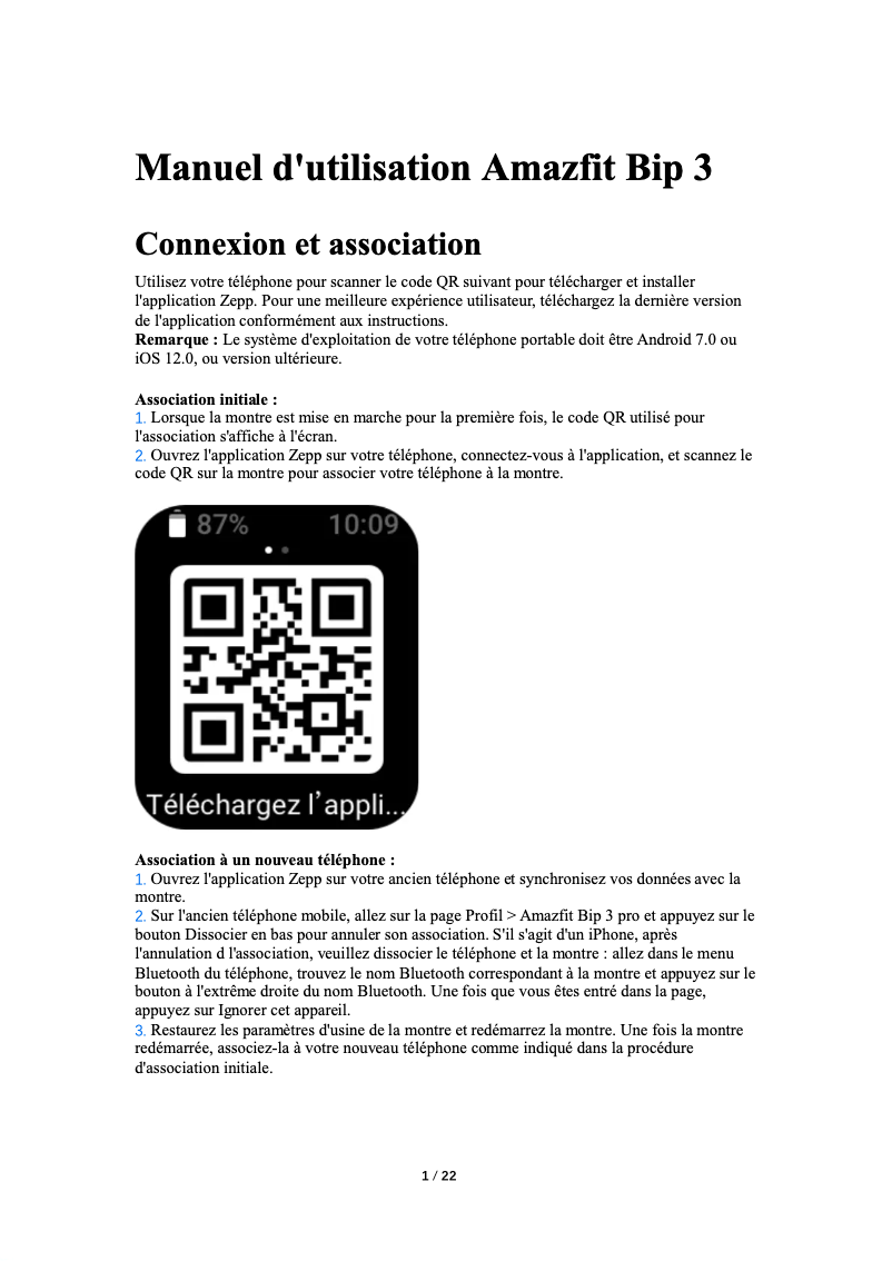 Page 1 de la notice Guide de démarrage rapide Amazfit Bip 3