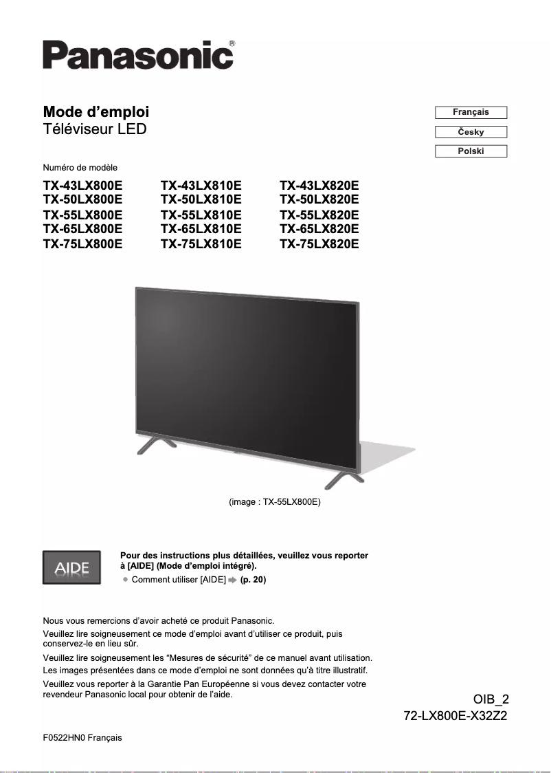 Page 1 de la notice Guide de démarrage rapide Panasonic TX-65LX800E