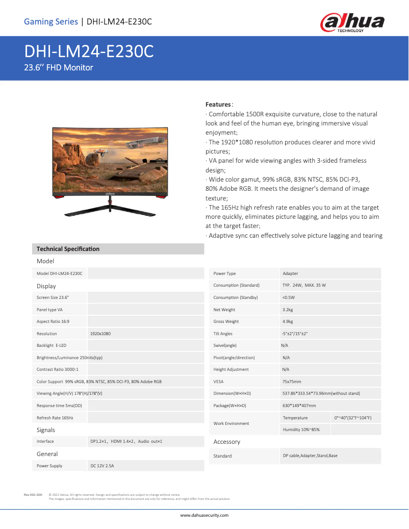 Page 1 de la notice Fiche technique Dahua Technology LM24-E230C