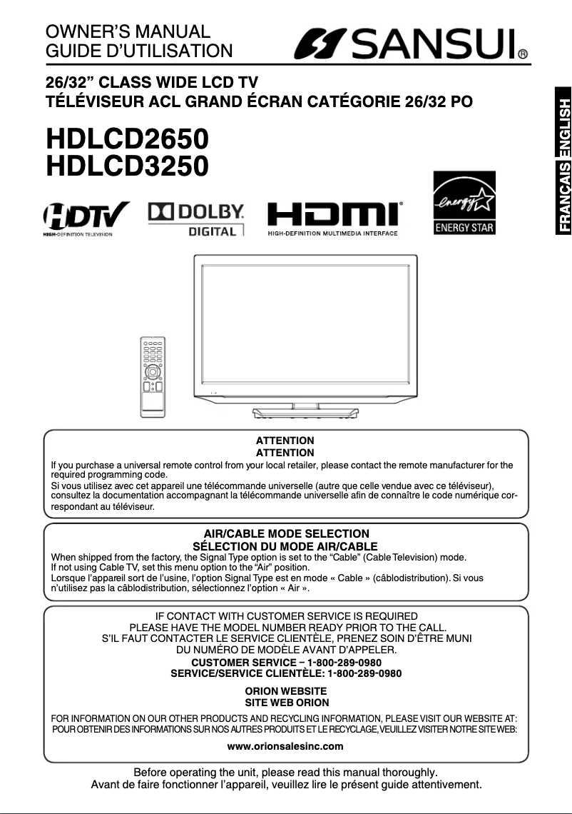 Image de la première page du manuel de l'appareil HDLCD2650