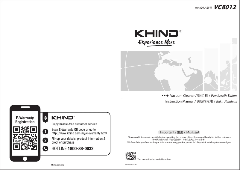 Page 1 de la notice Manuel utilisateur Khind VC8012