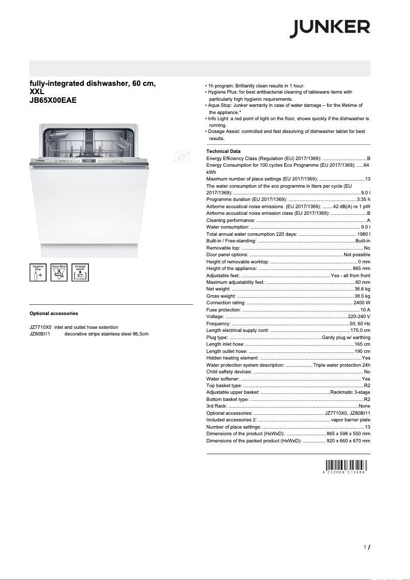 Page 1 de la notice Fiche technique Junker JB65X00EAE