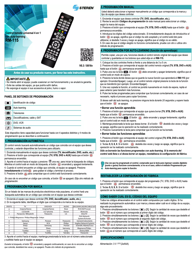 Page 1 de la notice Manuel utilisateur Steren RM-115