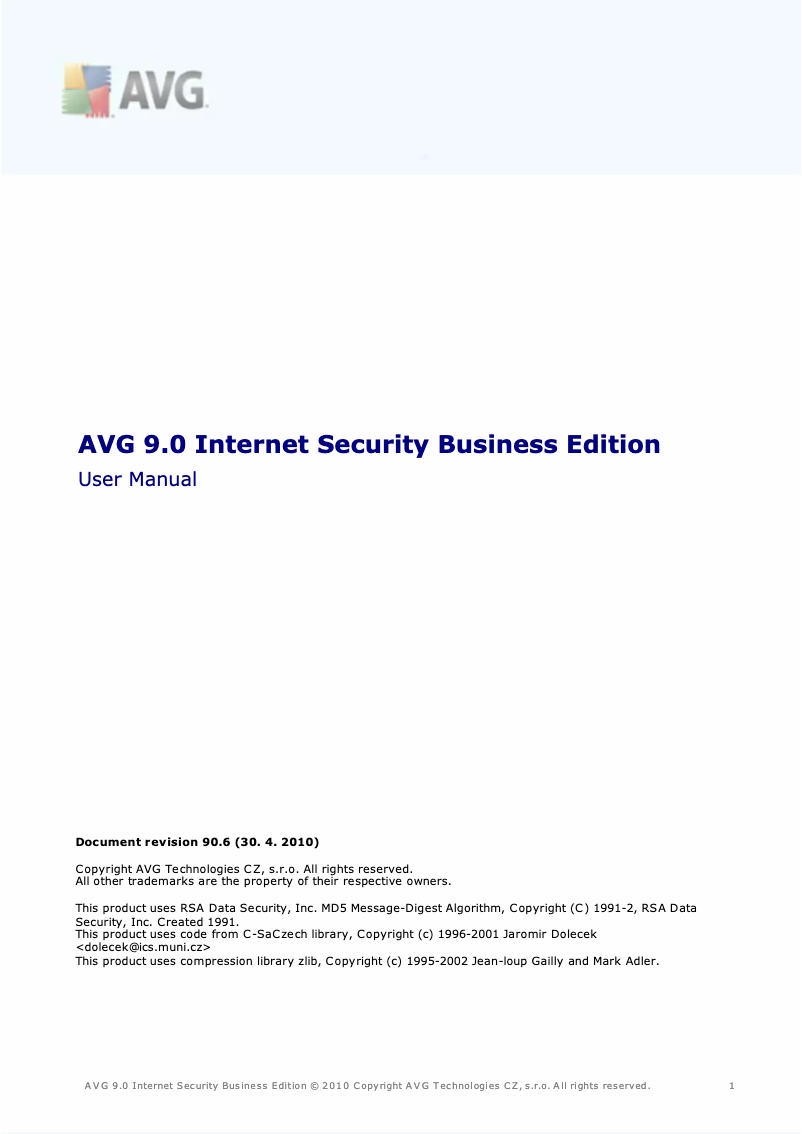 Page 1 de la notice Manuel utilisateur AVG Internet Security Business Edition 9.0