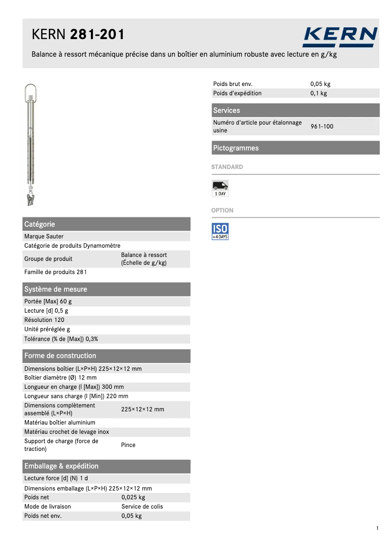 Page 1 de la notice Fiche technique Kern 281-201
