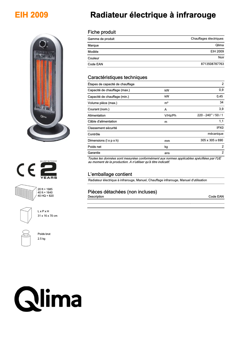 Page 1 de la notice Fiche technique Qlima EIH 2009