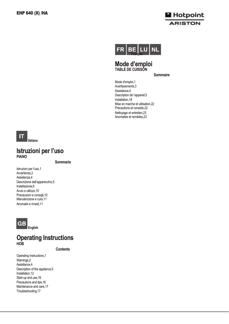 Page 1 de la notice Manuel utilisateur Hotpoint Ariston EHP 640 T (X)/HA