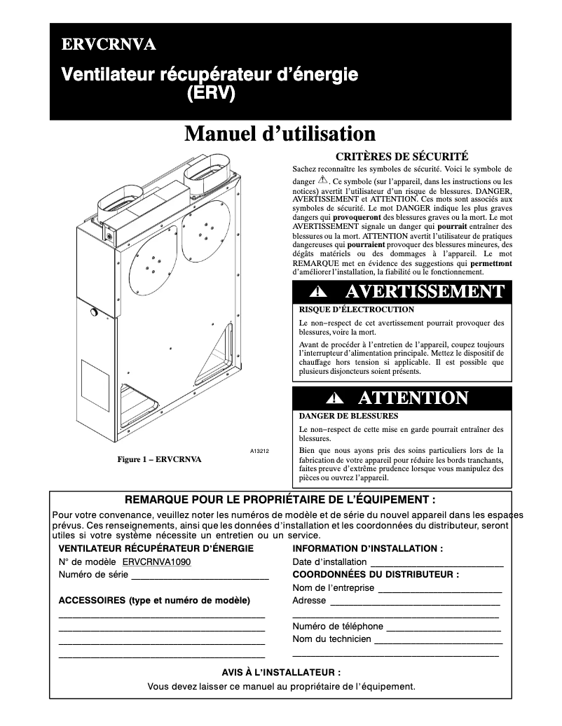 Page n°1 - Manuel utilisateur Carrier Comfort ERVCRNVA